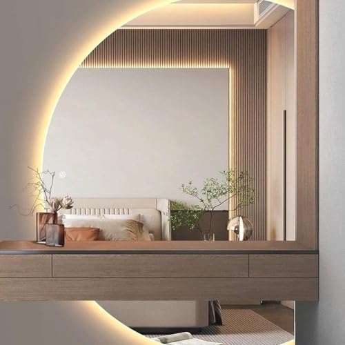 Dijateman 3 Farben Dimmbar Großer Halbrunder Wandspiegel, LED Antibeschlag Spiegel mit Touch-Schalter, Hinterleuchteten Intelligent HD Makeup Spiegel(Cut Right,35in) von Dijateman