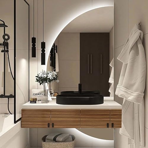 Dijateman 3 Farben Wechselnde LED Beleuchtete Spiegel, Mode Halbrunde Hinterleuchteten Wandspiegel, 90-130cm, mit Intelligent Entfoggen Touch-Schalter(Left Semicircle,100cm) von Dijateman