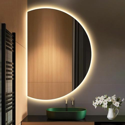 Dijateman 90-130cm halbrund LED-Badezimmerspiegel, 3 Farben Hinterleuchteten Dekospiegel mit Touch-Schalter, Modern Intelligent Dimmbar Heimdekoration(Cut Left,39in/100cm) von Dijateman