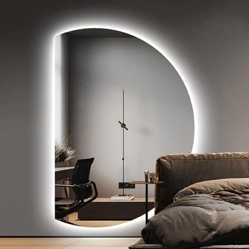 Dijateman 90cm Halbrunder Beleuchteter Spiegel, Moderner Rahmenloser Wandspiegel, 130cm LED Dekospiegel, Anti-Beschlag Kosmetikspiegel, 3-Farben-Beleuchtung(Left Cut,35''*24'') von Dijateman