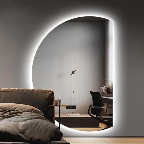 Dijateman 90cm Halbrunder Beleuchteter Spiegel, Moderner Rahmenloser Wandspiegel, 130cm LED Dekospiegel, Anti-Beschlag Kosmetikspiegel, 3-Farben-Beleuchtung(Right Cut,35''*24'') von Dijateman