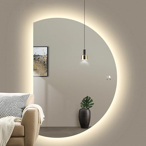 Dijateman Halbe Runde Hinterleuchteten Schmink Spiegel, Groß Wandmontage Rahmenloser Dekospiegel, Intelligent Entfoggen, 3 Farben Wechselnde(Left Cut,39''*28'') von Dijateman