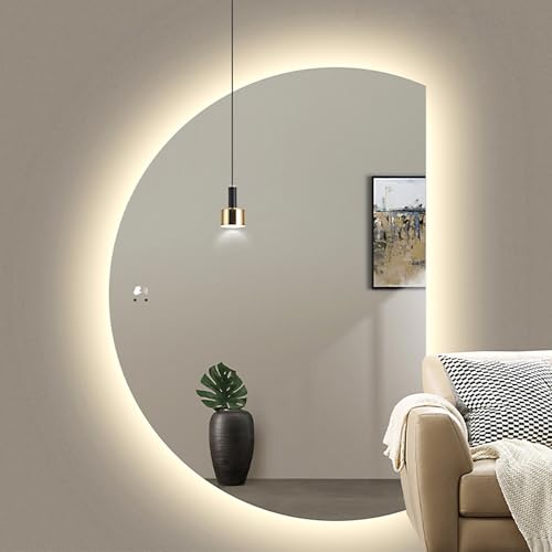 Dijateman Halbe Runde Hinterleuchteten Schmink Spiegel, Groß Wandmontage Rahmenloser Dekospiegel, Intelligent Entfoggen, 3 Farben Wechselnde(Right Cut,39''*28'') von Dijateman