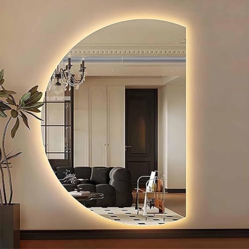 Dijateman Halbrunder Badezimmerspiegel, 3 Lichtfarbe Dimmbar, 130cm Groß Rahmenlos Ganzkörperspiegel, 110cm HD Makeup Spiegel, One Touch Smart Anti-Beschlag(Left Semicircle,110 * 70cm) von Dijateman