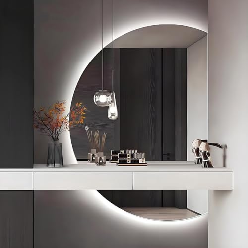 Dijateman Modern Hinterleuchteten Badezimmerspiegel, mit Touch-Schalter en Entfoggen, 3 Farben Intelligent Dimmbar, LED-Spiegel Halbkreis mit Beleuchtung(Left,130cm) von Dijateman