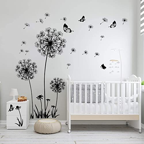 Diko Wandtattoo Pusteblume, Schmetterling Wandsticker, Löwenzahn Wandaufkleber, Wandsticker Wohnzimmer modern Pflanzen Blumen Löwenzahn Schmetterlinge (Schwarz) von Diko