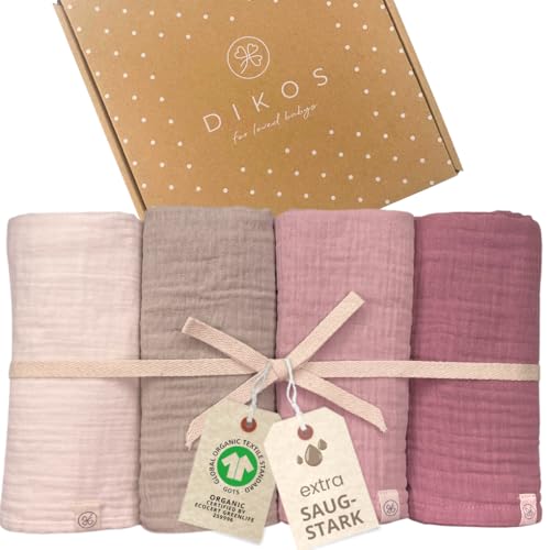 DIKOS® Baby Mulltücher 4er Premium Set (Creme, Taupe, Altrosa & Beere) – 64x64cm – saugstarke Musselintücher aus weicher Bio-Baumwolle (GOTS & OEKO-TEX) – Spucktücher Neugeborene – Geschenk zur Geburt von DIKOS