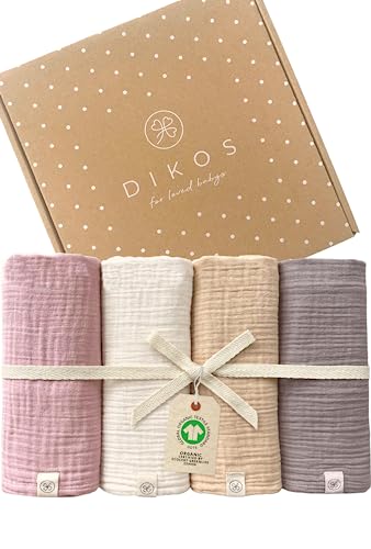 Dikos® Premium Baby Mulltücher 4er Set Altrosa, Creme | 64x64cm gekreppt | 100% GOTS Bio-Baumwolle Spucktücher | Musselin Tücher Baby Mädchen | Baby Erstausstattung Neugeborene | Geschenk zur Geburt von Dikos