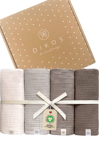 DIKOS Premium Baby Mulltücher 4er Set warmes grau, taupe, creme | 64x64cm gekreppt | 100% GOTS Bio-Baumwolle Spucktücher | Musselin Spucktuch Mulltuch Junge Mädchen | Mullwindeln | Geschenk zur Geburt von Dikos