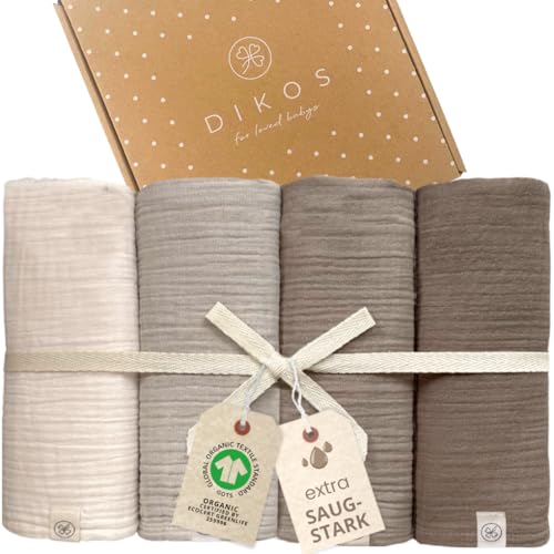 DIKOS® Baby Mulltücher 4er Set (Creme, warmes Grau, Taupe & Braun) – 64x64cm – saugstarke Musselintücher aus weicher Bio-Baumwolle (GOTS & Oeko-TEX) – Spucktücher Neugeborene – Geschenk zur Geburt von DIKOS