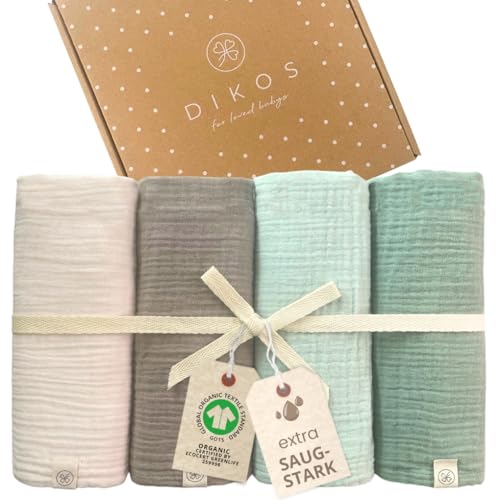 DIKOS® Baby Mulltücher 4er Premium Set (Creme, Taupe, Mint & Salbei) – 64x64cm – saugstarke Musselintücher aus weicher Bio-Baumwolle (GOTS & Oeko-TEX) – Spucktücher Neugeborene – Geschenk zur Geburt von DIKOS