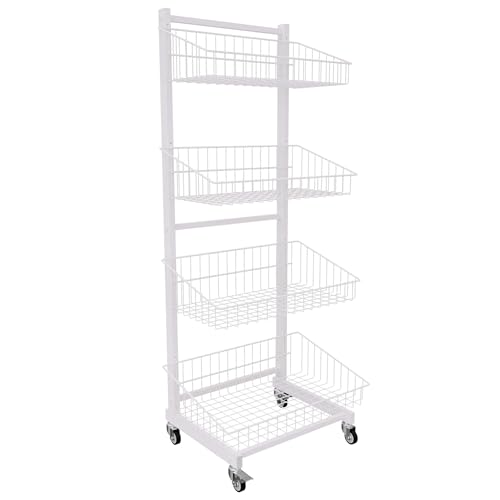 Dila GmbH Verkaufsständer rollbar mit 4 Körben, Rollständer Stapelkorb weiß lackiert, rollbarer Wühlkorb Warenständer Gitterständer aus robustem Stahlrohr, Belastbarkeit einzelner Korb 15 kg von Aigentlich