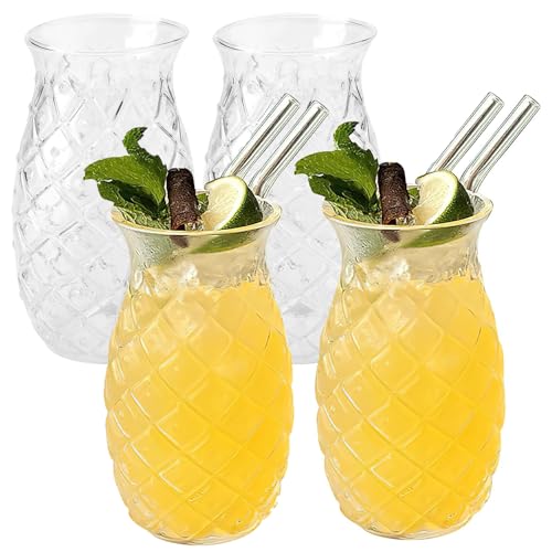 Dilireba 4 Stück Ananas Gläser Cocktailglas, Mit 4 Trinkhalm, Transparente Cocktailgläser Set, Ananas Gläser, 480ml Cocktailgläser,Saftgläser, Longdrink-Glas für Zu Hause, Restaurants Und Party von Dilireba