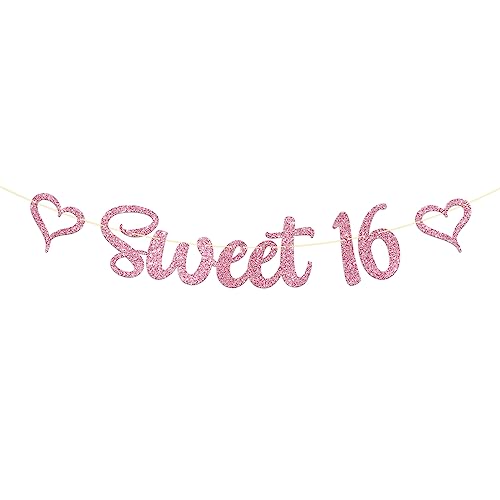 Dill-Dall Sweet 16 Banner, Happy 16th Birthday Sign Bunting Decor, Girls 16th Birthday Party Decorations Girlande, Pink Glitter von Dill-Dall