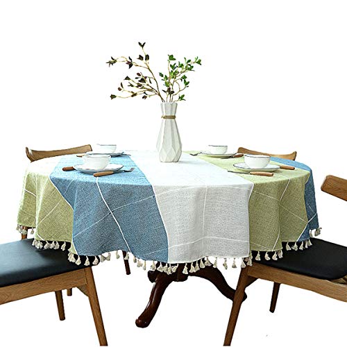 schwere Baumwolle Leinen Tischdecke, rund, kariert, Quaste, für Küche Esszimmer Tischdekorationen, Durchmesser - 180cm, Blau und Grün von Dimatic
