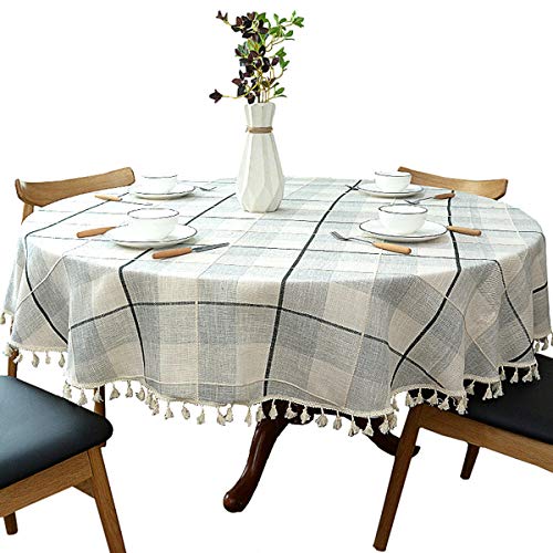 schwere Baumwolle Leinen Tischdecke, rund, kariert, Quaste, für Küche Esszimmer Tischdekorationen, Durchmesser - 120cm, graues Plaid von Dimatic