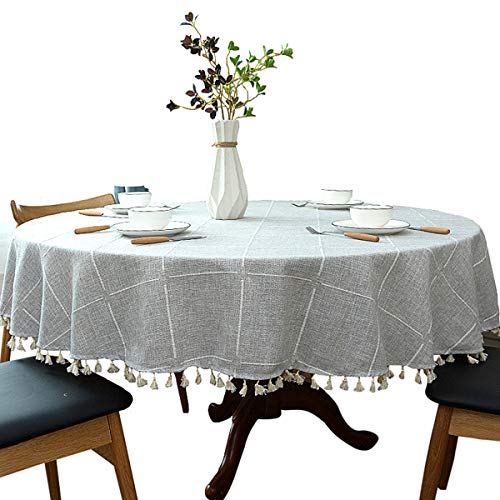 schwere Baumwolle Leinen Tischdecke, rundes, Kariertes Quaste Tischtuch für Küche Esszimmer Tischdekorationen, Durchmesser - 120cm, grau von Dimatic
