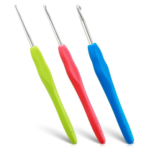 Dimeho 3er-Pack Häkelnadel-Stricknadeln ergonomische Haken mit weichem Griff glatte leichte Stricknadel professionelles Gummi-Metall-Häkelwerkzeug für Garnhandwerk Anfänger und Fortgeschrittene von Dimeho