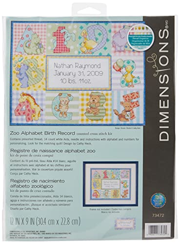 Dimensions 73472 D73472 Counted Cross Stitch Craft Kit Zoo Alphabet Baby Birth Record Personalized B/REC, White,30 x 23 cm von Dimensions