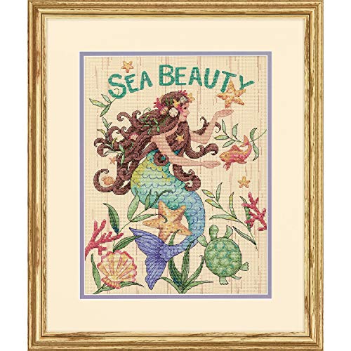 Dimensions D70-35376 Sea Beauty Kreuzstich-Set, Meerjungfrau-Zählmuster, 14-fädig, natürlicher Aida-Stoff, 22,9 x 30,5 cm Counted Cross Stitch, 22.8 x 30.4cm von Dimensions