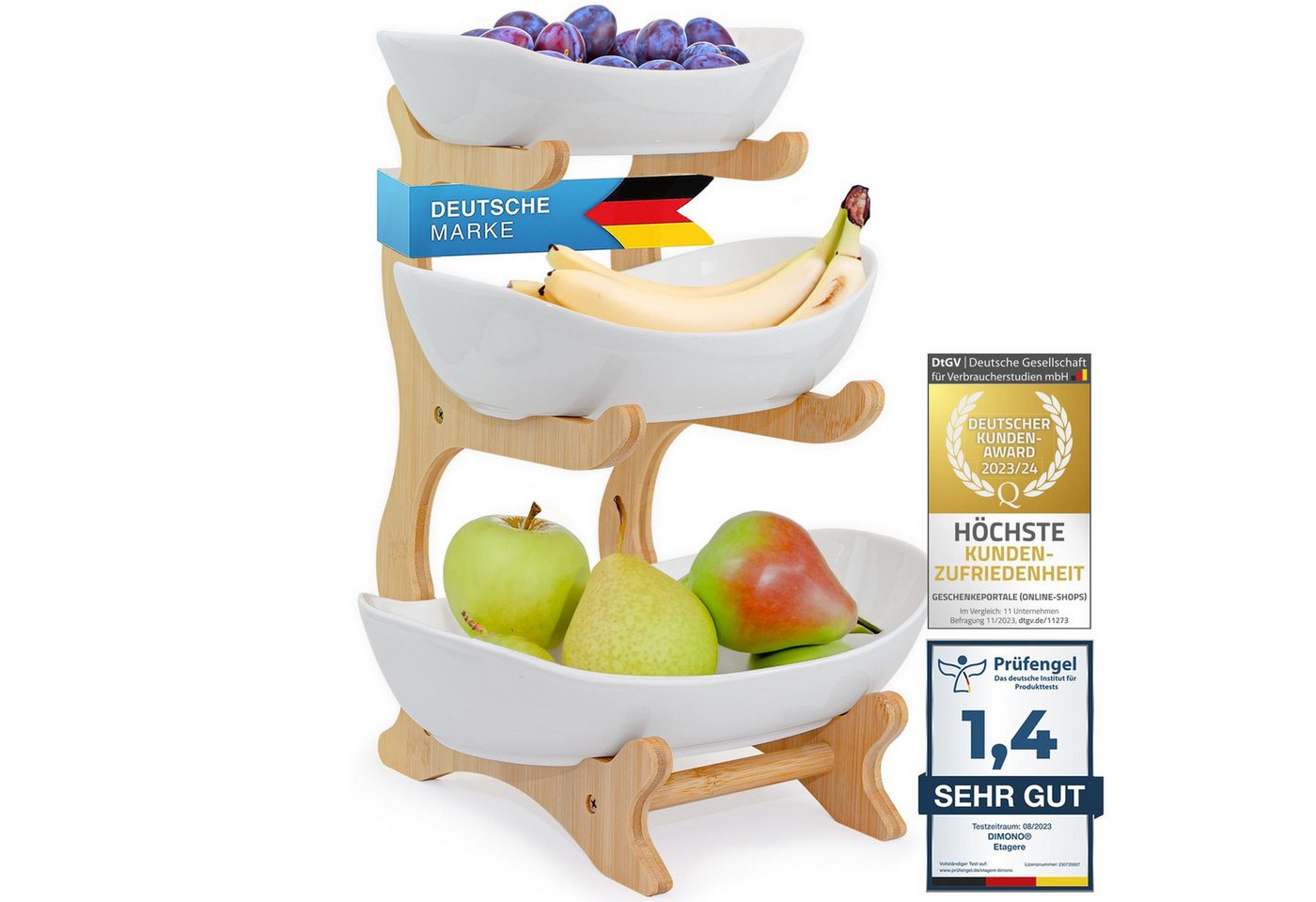 Dimono Etagere Deluxe Servier-Ständer, Keramik, (3-Etagen Servierschalen, Obst- & Gemüseschale), Servierschalen für Desserts, Obst, Gemüse, Süßes uvm. von Dimono