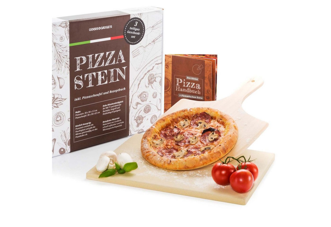 Dimono Pizzastein Backstein Brotbackstein, (Pizzaofen Set, Pizzaschieber & Rezeptbuch), temperaturbeständig bis 900°C von Dimono