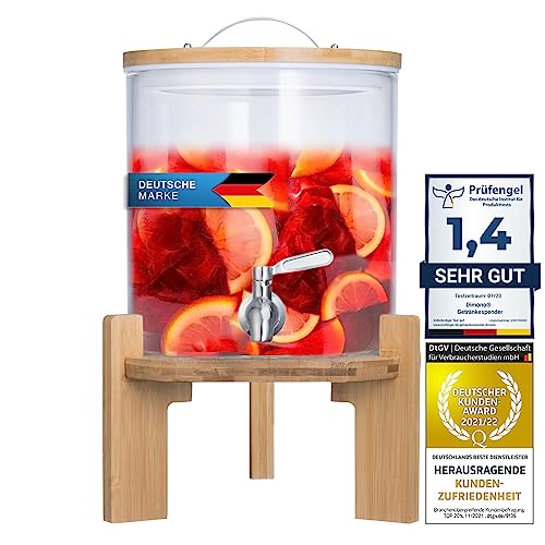 Getränkespender mit tropfsicheren Zapfhahn aus Edelstahl Wasserspender aus Glas mit Bambus Ständer und Deckel Limonadenspender aus hitzebeständigen Borasilikatglas (5 Liter) von Dimono
