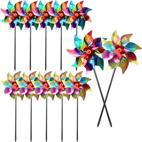 Dimoxii 12 Stück Bunte Windräder 2 Designs, Gartenstecker Windspiel für Balkon Garten Terrasse, Reflektierende Windmühlen zur Vogelabwehr, Deko Windrad Kinder Vogelschutz Outdoor (Bunt2) von Dimoxii