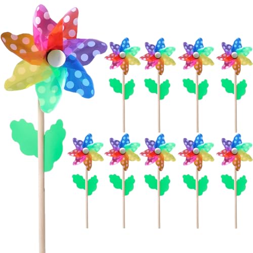 Dimoxii Buntes Windrad Garten, 10 Stück Windräder für Kinder, Gartenstecker Windrad Bunt, Regenbogen Windspiele für draußen stehend, Wetterfeste Windmühlen für Garten und Balkon (Punkt) von Dimoxii