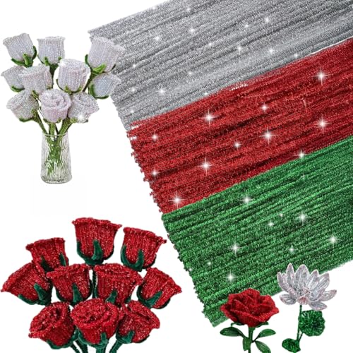 Dimoxii Pfeifenreiniger zum Basteln Set, 300 Stück Glitzer Pfeifenreiniger in 3 Farben, Bunt Pfeifenputzer zum Basteln Pfeifenreiniger Bastelmaterial für DIY Figuren, Blumen & Weihnachtsdeko von Dimoxii
