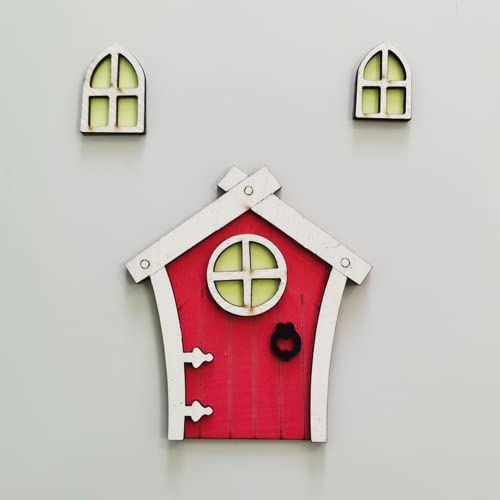 Dimoxii Wichteltür Weihnachten Set aus Hölz Nissedor Set Miniatur Wichtel Tür Weihnachten mit Fenster Weihnachtswichtel Tür Set (Rot 1) von Dimoxii