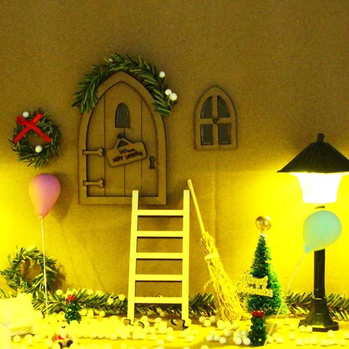 Dimoxii Wichteltür mit Licht Weihnachten Set aus Hölz Nissedor Set Miniatur Wichtel Tür Weihnachten mit Zubehör Weihnachtswichtel Tür Set von Dimoxii