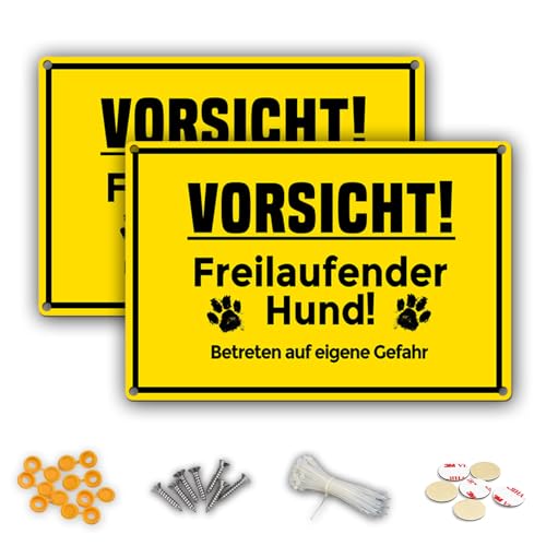 2 x Vorsicht freilaufender Hund Schild | 30 x 20 cm PVC-Kunststoff-Warnschild Hund | Wasserfester Druck | Kommt mit Zubehör | Geeignet für drinnen und draußen von DinAliX