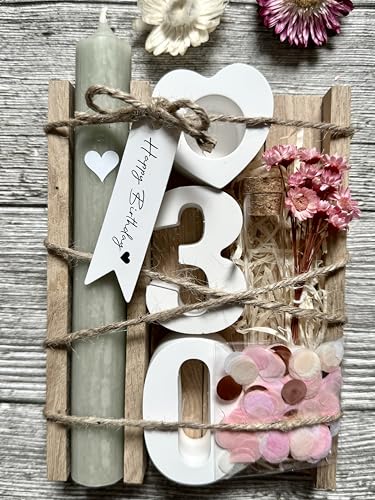 30. Geburtstag Frauen - tolle Holzbox und Geburtstagskarte - Geburtstagsgeschenk für Frauen - Geburtstagskerze - Trockenblumen - Happy Birthday to you - Geschenk Freundin Geburtstag von Dinala