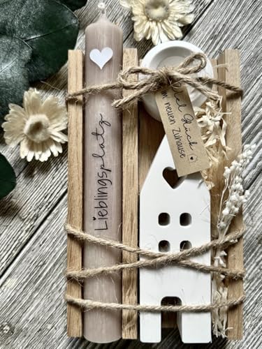Dinala - Einweihungsgeschenk Haus/Wohnung - Holzbox mit Kerze - wunderschön verziert - Einzugsgeschenke Haus/Wohnung - Tolles Geschenk zur Hauseinweihung - mit Trockenblumen - liebevoll und persönlich von Dinala