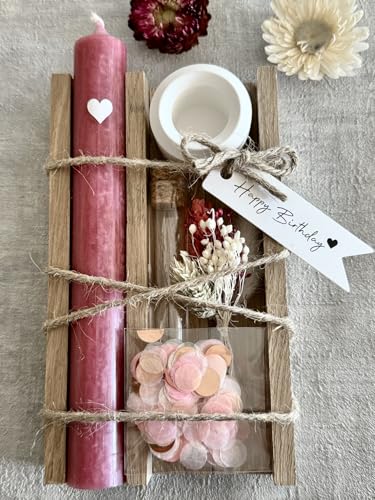 Geburtstagsgeschenk für Frauen - schöne Geschenke für Frauen - tolle Holzbox zum Verschenken - Geburtstagskerze - Trockenblumen - Happy Birthday to you - Geschenk Freundin Geburtstag Altrosa) von Dinala