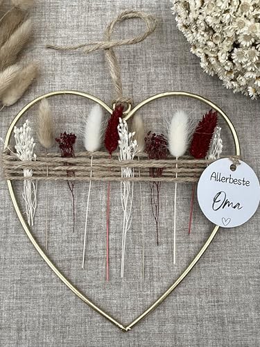 Geschenk Oma - Trockenblumenkranz in Herzform - Made in Germany - Oma Geschenke zum Geburtstag - echte Trockenblumen -besonderes Geschenk für Oma (rot-weiß) von Dinala