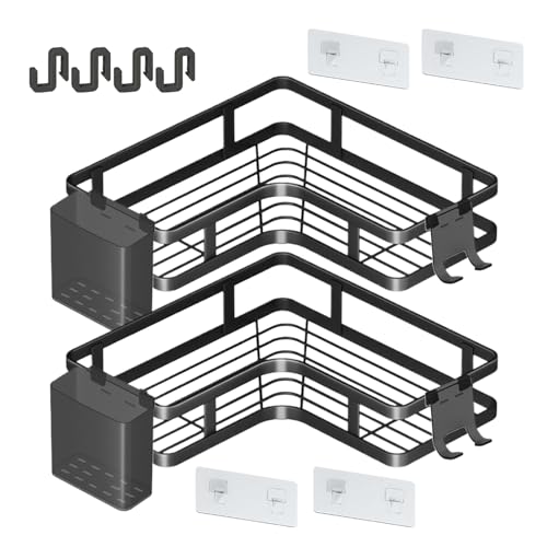 Badezimmer-Regale – Wandmontierter Eckrechen mit Zahnpastahalterung und Hakenset | 2-teiliges selbstklebendes Aufbewahrungsregal für Shampoo, Seife und wesentliche Elemente, enthält 15 von Dinchaakuarry