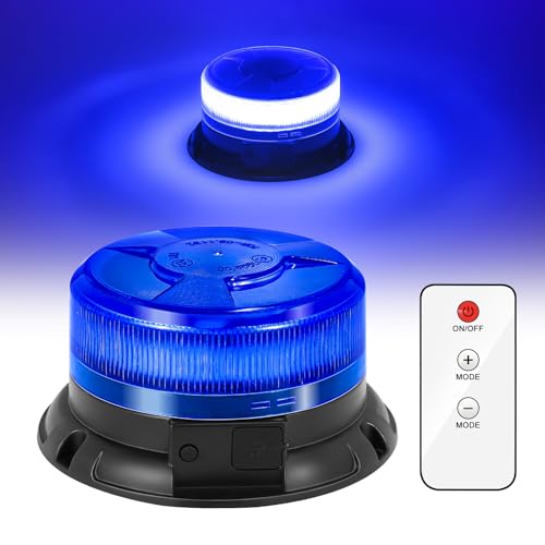 Dinfu Blaulicht Akku mit Fernsteuerung, 12V Rundumleuchte blau batterie led blinklicht magnet blau auto 9 Modes Warnlicht mit Kfz-Ladekabel und USB-Kabel für Auto KFZ LKW Traktor SUV j-eep von Dinfu