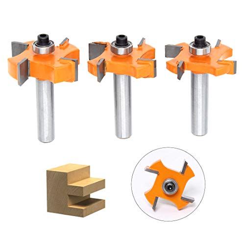 DingGreat 3 teilig Groove und Tongue Zunge und Nut Set Router Bit Set, 4 Klingenbälle 8mm Schaft T-förmiger Holzfräser, Holzbearbeitungswerkzeuge für Türen, Tische, Regale, Wände und mehr von DingGreat