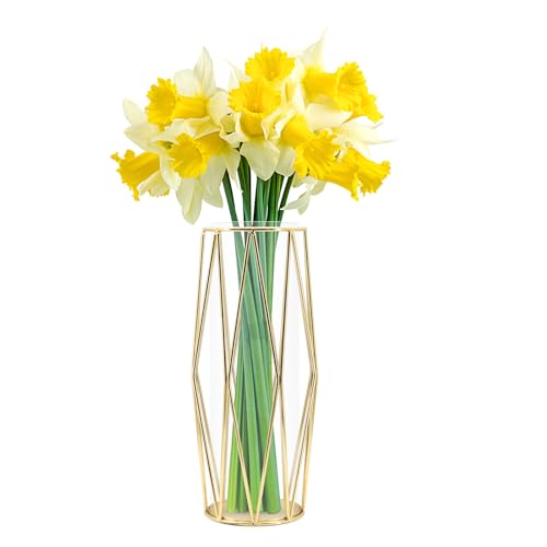 Vase Für Pampasgras, Glasgoldvase Hochbodenvase Mit Geometrischem Metallgestellständer von DingGreat