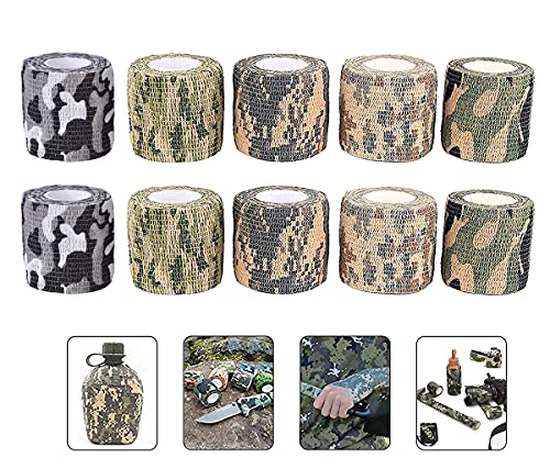 Dingzing 10pcs Camo Wrap Klebeband Militär Armee Multifunktions Tarnung Klebeband Klammer für Schrotflinten Jagd Camping, Selbstklebende Schutz Stretch Verband Rolle Vliesstoff von Dingzing