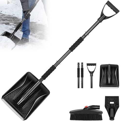 Schneeschaufel, Ergonomischem Aluminium Stiel und D Griff Schneeschaufel, 3 Teiliges Abnehmbares Design,112cm Einstellbare Tragbare Schneeschaufel Auto für Auffahrt Camping Schneemann Spielen von Dinhauyon