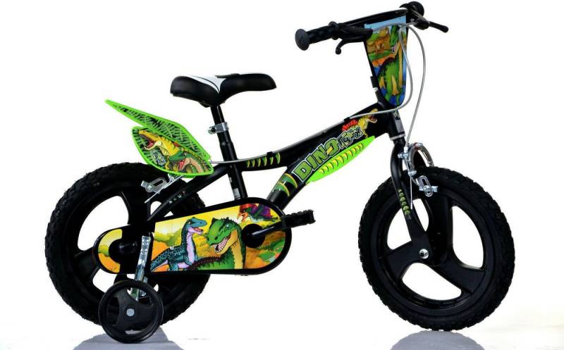 Dino Kinderfahrrad Dinosaurier T-Rex, 1 Gang, mit Stützrädern, Frontschild und coolen Schutzblechen von Dino