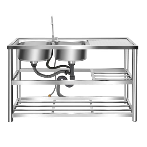 DioPaiB Edelstahl Spültisch 120x45x80cm Freistehende Spüle 2 Becken(Links) Gewerbliche Spüle Küchenspüle mit 360° Rotatable Armatur Edelstahlspüle für Restaurants, Wäschereien von DioPaiB