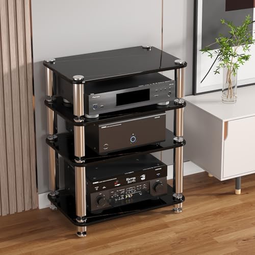 1/2/3/4-stufiger Audio-Rack-Turm, AV-Medienständer Aus Glas Und Edelstahl Für Heimkino Und HiFi-System, Audio-Schrank Und Stereo-Rack Für Das Wohnzimmer(Black,4 Tier) von Diodceraic