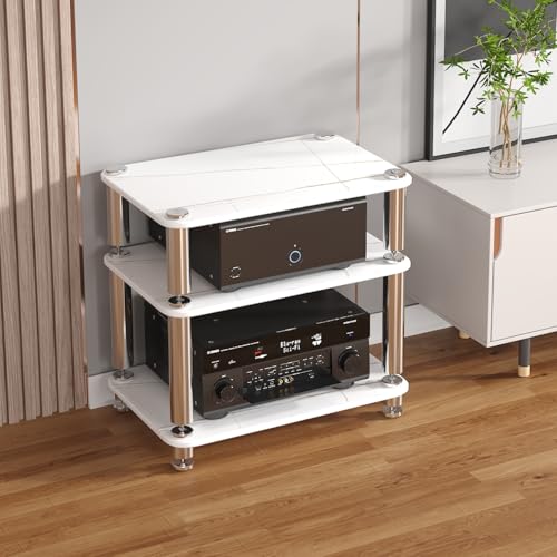 1/2/3/4-stufiger Audio-Rack-Turm, AV-Medienständer Aus Glas Und Edelstahl Für Heimkino Und HiFi-System, Audio-Schrank Und Stereo-Rack Für Das Wohnzimmer(White,3 Tier) von Diodceraic