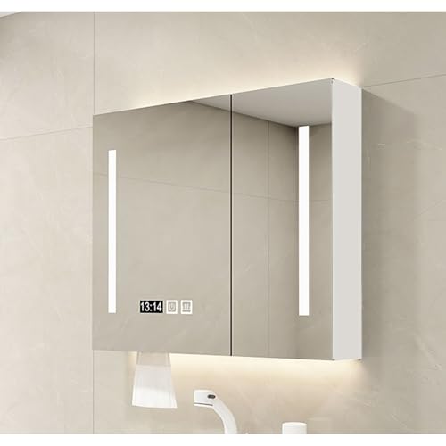 Beleuchtet Spiegelschrank Bad Wandschrank Modern 3 Farben Intelligenter Kosmetikspiegel Mit Stauraum LED-Uhr Antibeschlag Touch-Schalter/Uhr- Und Temperaturanzeige/Dimmer/Defogger(60cm) von Diodceraic