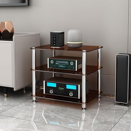 Diodceraic Hi-Fi Rack 1/2/3/4 Ebenen aus Sicherheitsglas - AV Möbel für Verstärker, Plattenspieler, CD-Player & Heimkino - Equipment Ständer mit Regal(Amber Glass,3 Tier) von Diodceraic