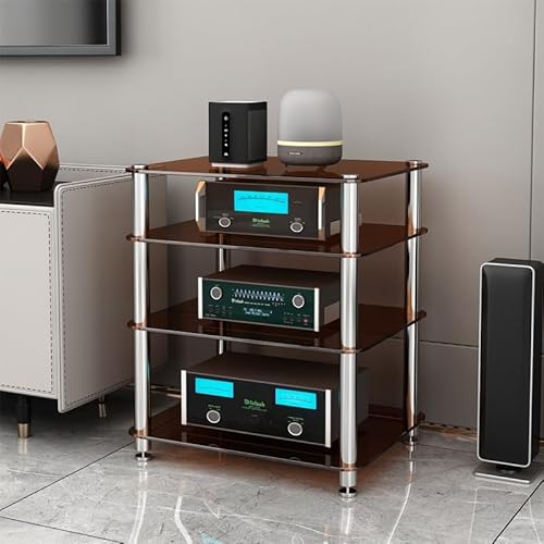 Diodceraic Hi-Fi Rack 1/2/3/4 Ebenen aus Sicherheitsglas - AV Möbel für Verstärker, Plattenspieler, CD-Player & Heimkino - Equipment Ständer mit Regal(Amber Glass,4 Tier) von Diodceraic